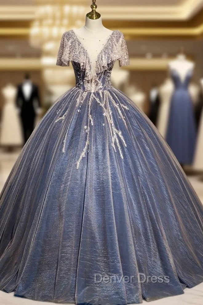 Blue Tulle Sequins See Through V Neck Quinceanera Dresses
