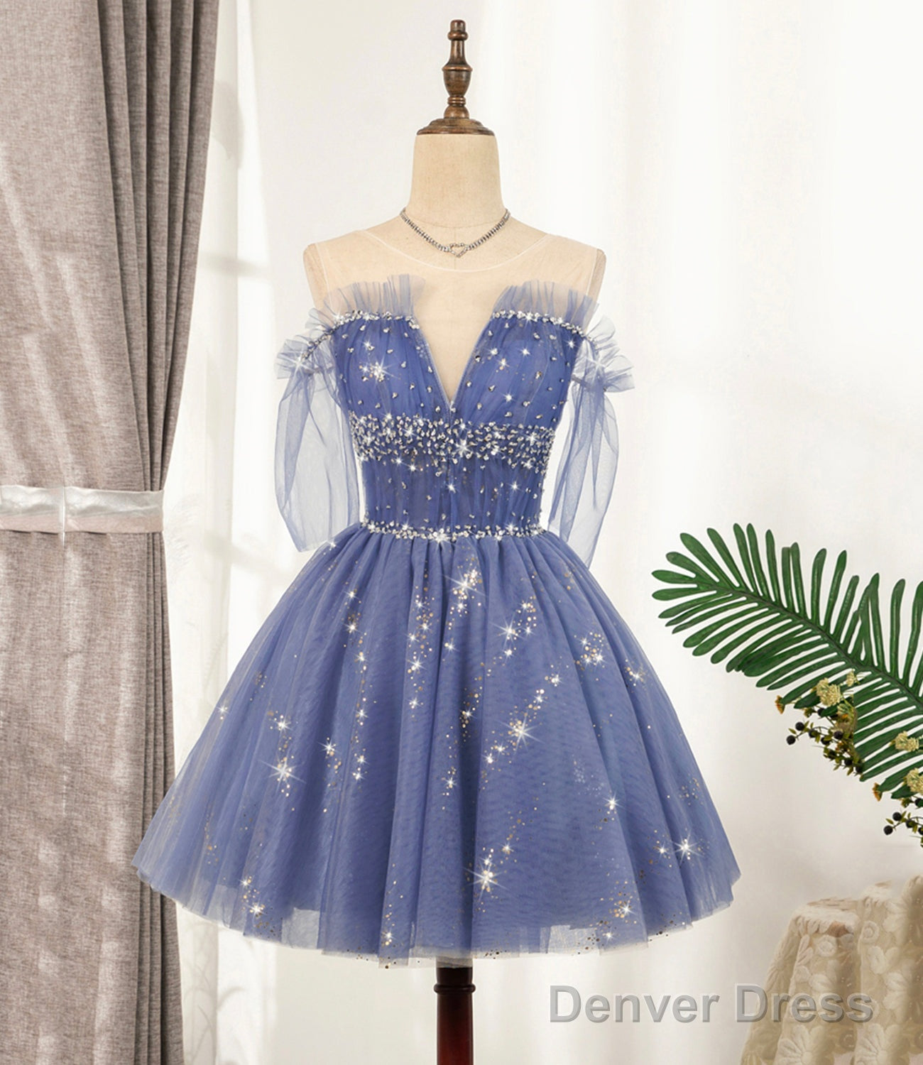 Blue Tulle Sequins Short A Line Homecoming Dress Prom Dresses Main image