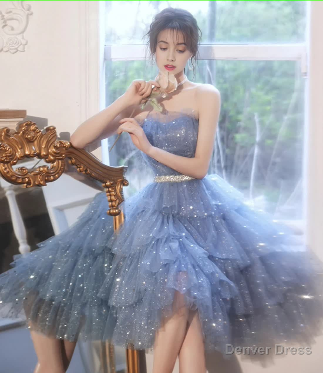 Blue Tulle Sequins Short Homecoming Dress Prom Dresses