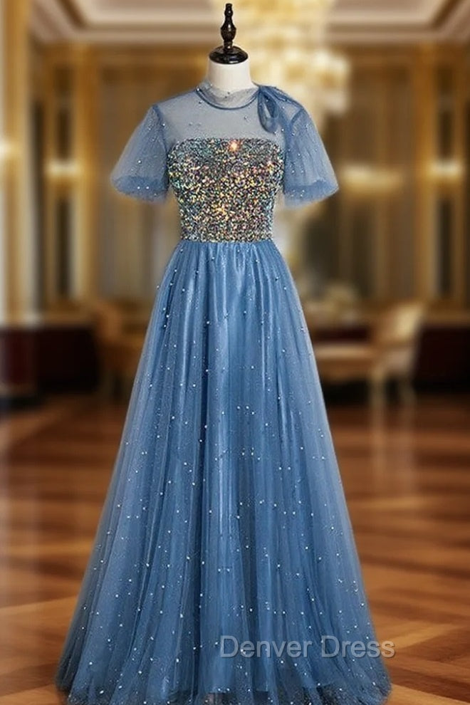 Blue Tulle Sequins Short Sleeve Open Back Prom Dresses Main image