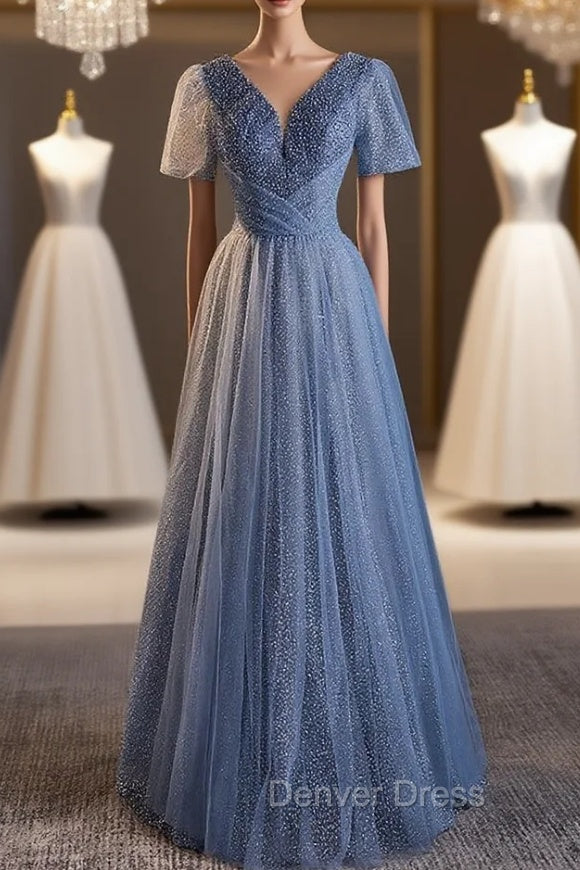 Blue Tulle Sequins Short Sleeve Prom Dresses
