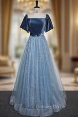 Blue Tulle Sequins Short Sleeve Velvet Prom Dresses