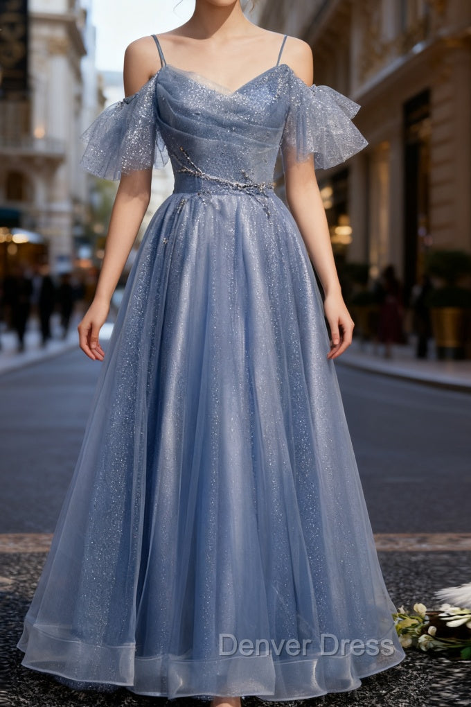 Blue Tulle Sequins Spagehtti Straps Beading Prom Dresses Main image