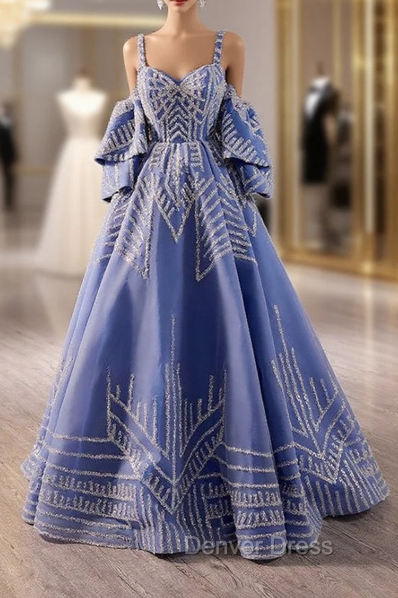 Blue Tulle Sequins Spagehtti Straps Prom Dresses Main image