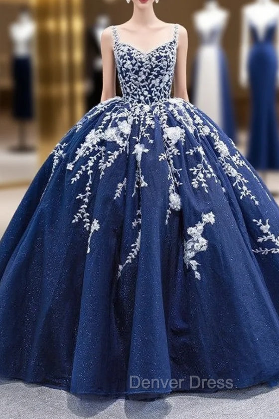 Blue Tulle Sequins Spaghetti Straps Beading Prom Dresses With Train