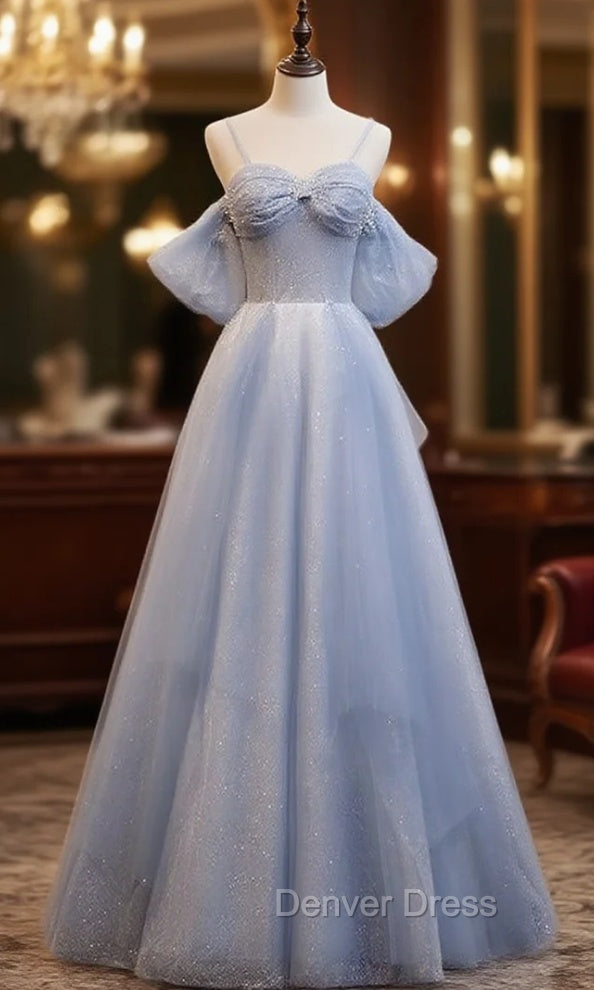 Blue Tulle Sequins Spaghetti Straps Beading Prom Dresses Main image