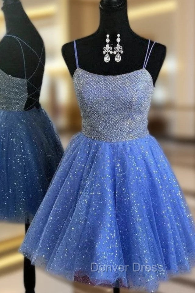 Blue Tulle Sequins Spaghetti Straps Homecoming Dresses
