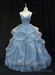 Blue Tulle Sequins Spaghetti Straps Pleats Prom Dress