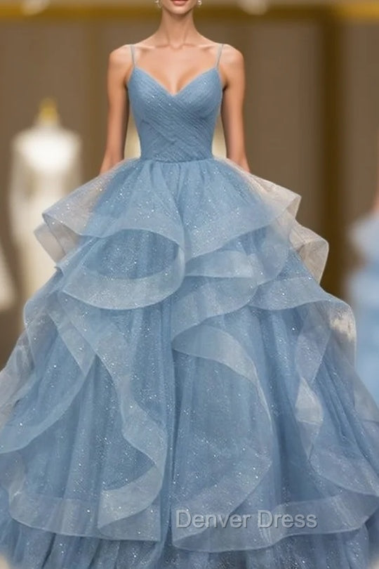 Blue Tulle Sequins Spaghetti Straps Pleats Prom Dresses