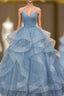 Blue Tulle Sequins Spaghetti Straps Pleats Prom Dresses
