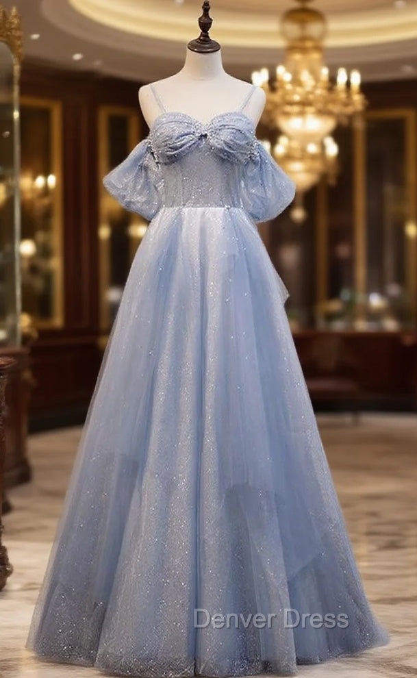 Blue Tulle Sequins Spaghetti Straps Prom Dresses