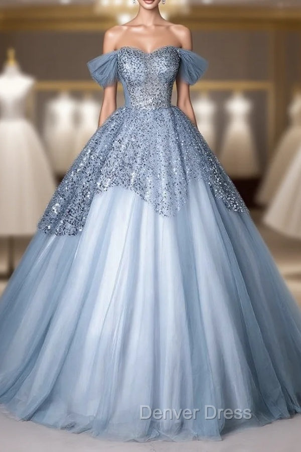 Blue Tulle Sequins Spaghetti Straps Quinceanera Dresses