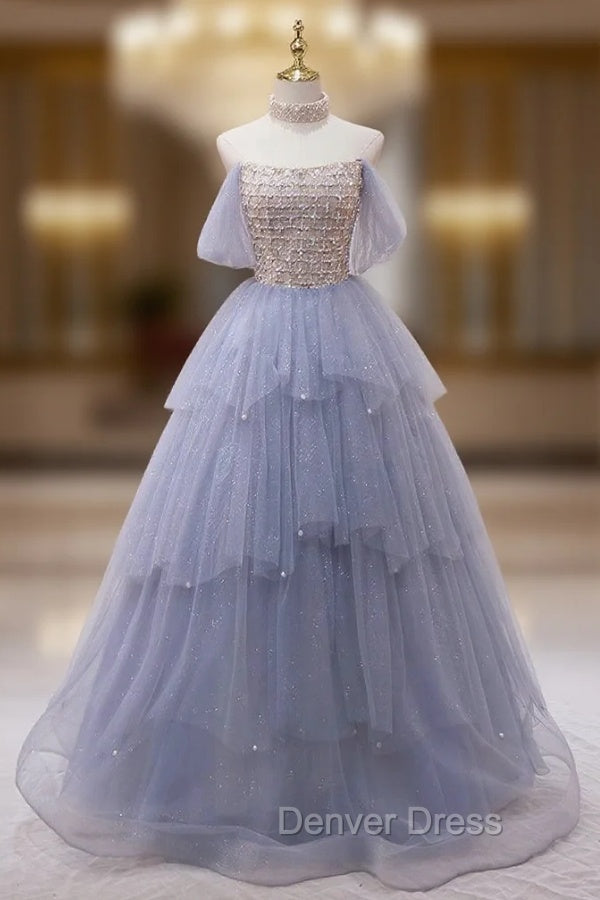 Blue Tulle Sequins Strapless Beading Prom Dresses