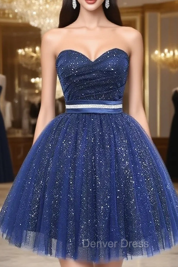 Blue Tulle Sequins Strapless Homecoming Dresses Main image
