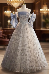 Blue Tulle Sequins Strapless Prom Dresses