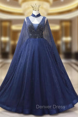 Blue Tulle Sequins V-neck Beading Prom Dresses