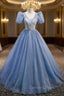 Blue Tulle Sequins V Neck Puff Sleeve Beading Sequins Prom Dresses