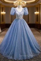 Blue Tulle Sequins V-neck Puff Sleeve Beading Sequins Prom Dresses
