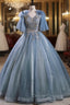 Blue Tulle Sequins V Neck Quinceanera Dresses