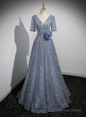 Blue Tulle Sequins V-neck Short Sleeve Beading Prom Dress