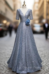 Blue Tulle Sequins V-neck Short Sleeve Beading Prom Dresses