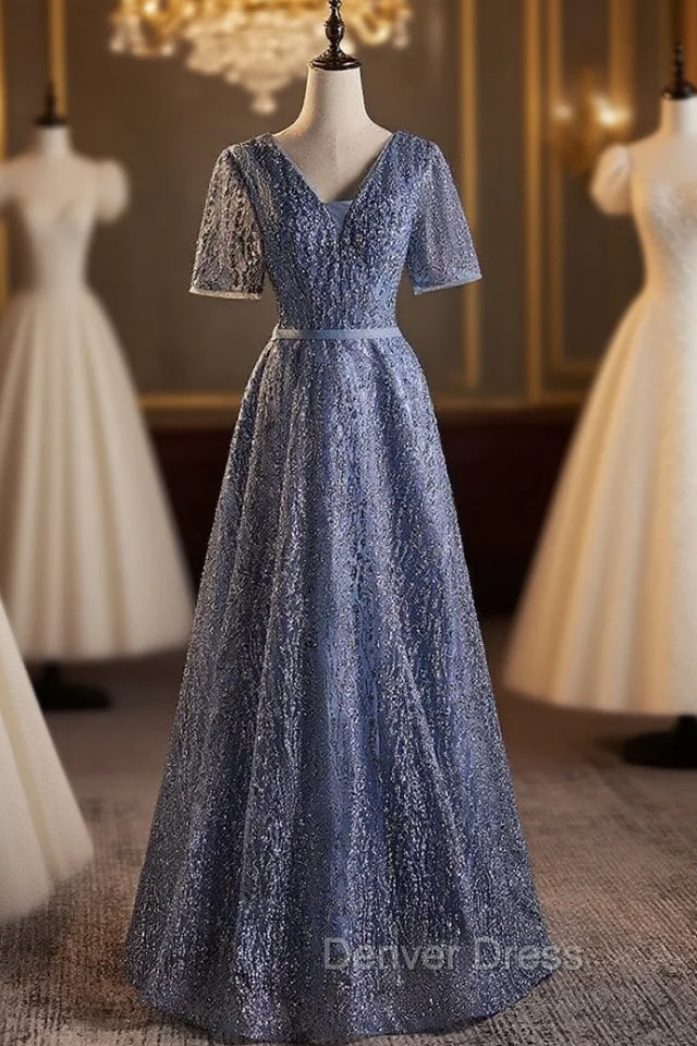 Blue Tulle Sequins V Neck Short Sleeve Prom Dresses