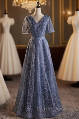 Blue Tulle Sequins V-neck Short Sleeve Prom Dresses