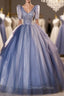 Blue Tulle Sequins V Neck Short Sleeve Quinceanera Dresses