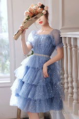 Blue Tulle Short A-Line Prom Dresses, Blue Mini Party Dresses