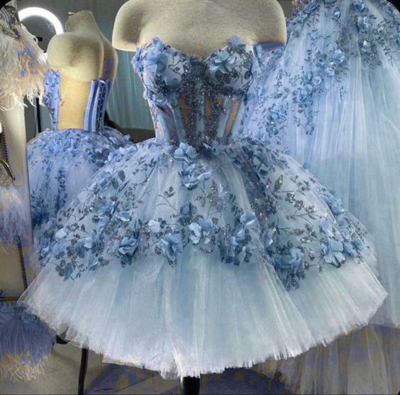 Blue Tulle Short Homecoming Dresses With 3D Flowers