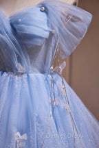 Blue Tulle Short Party Dresses, Lovely A-Line Off Shoulder Prom Dresses