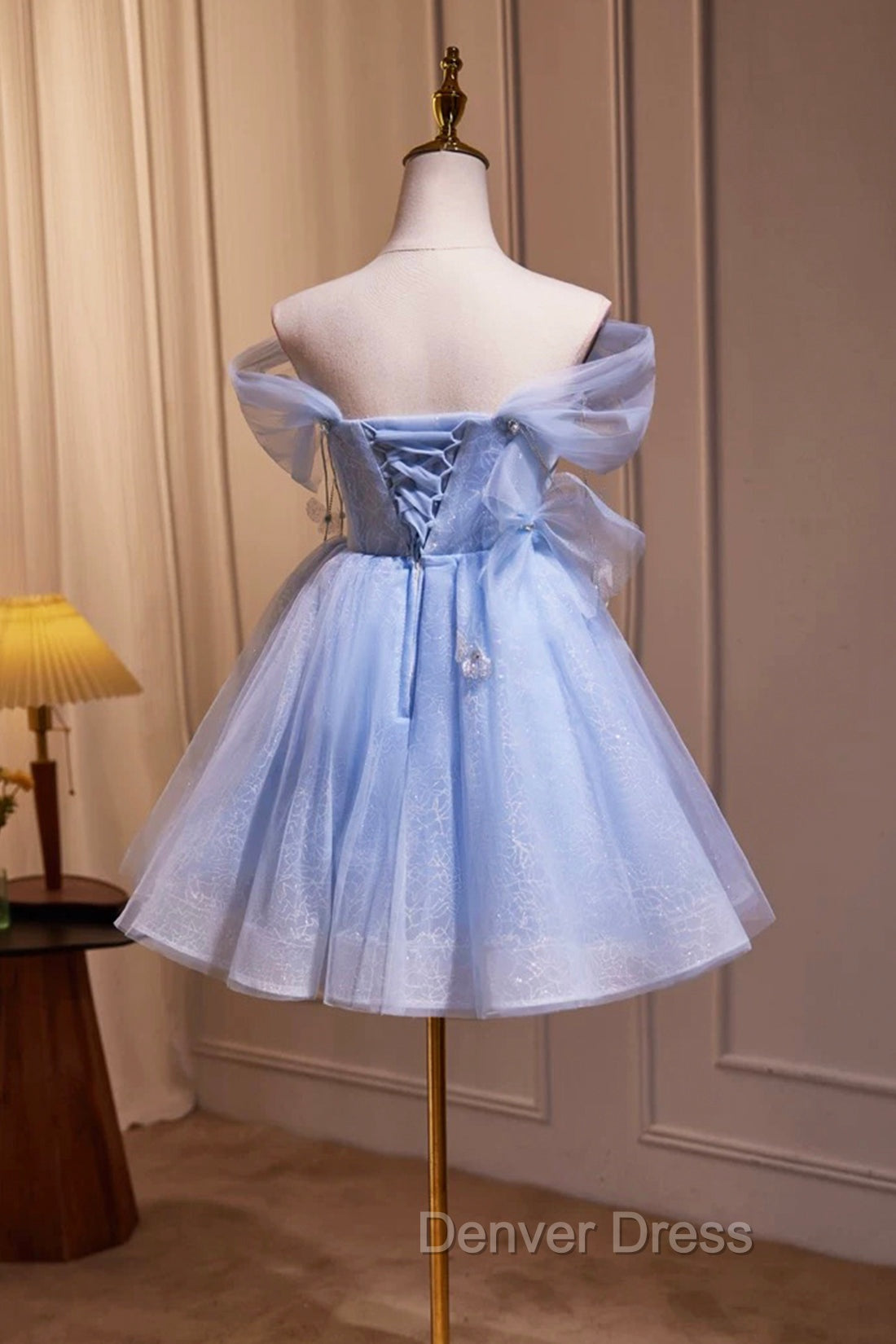 Blue Tulle Short Party Dresses, Lovely A-Line Off Shoulder Prom Dresses