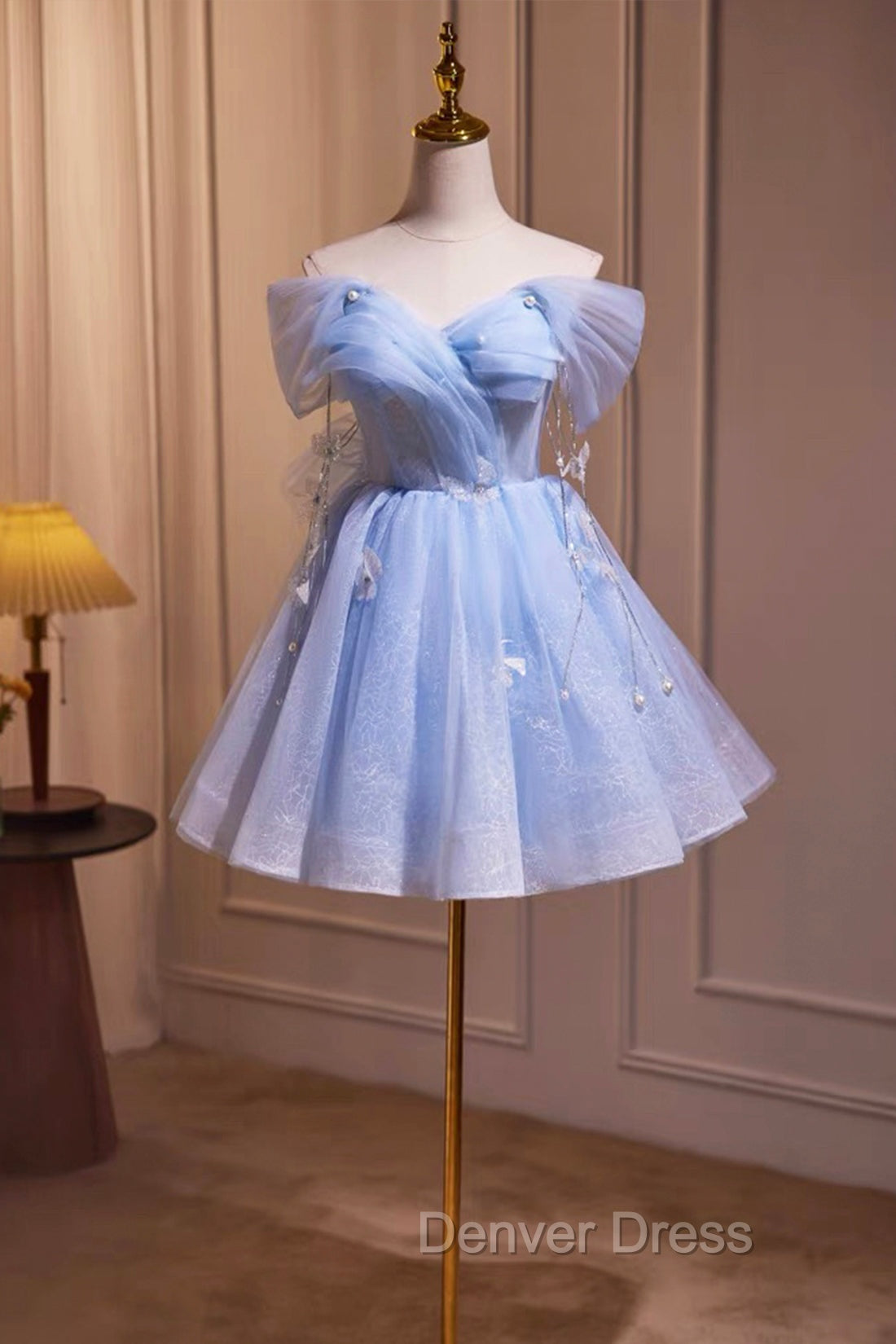 Blue Tulle Short Party Dresses, Lovely A-Line Off Shoulder Prom Dresses
