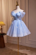 Blue Tulle Short Party Dresses, Lovely A-Line Off Shoulder Prom Dresses