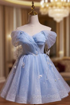 Blue Tulle Short Party Dresses, Lovely A-Line Off Shoulder Prom Dresses