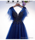 Blue Tulle Short Party Dress With Lace Applique, Blue Formal Dress Prom Dresses