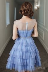 Blue Tulle Short Prom Dress, Cute Round Neck Layered Blue Party Dress