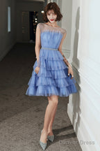 Blue Tulle Short Prom Dress, Cute Round Neck Layered Blue Party Dress