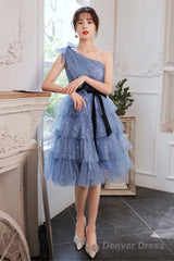 Blue Tulle Short Prom Dresses, One Shoulder Evening Dresses