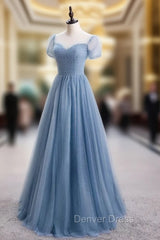 Blue Tulle Short Sleeve Scoop Neck Prom Dresses