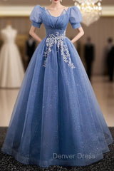 Blue Tulle Short Sleeve Sequins prom Dresses