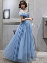 Blue Tulle Short Sleeves Long Party Dress, A-Line Blue Prom Formal Dress
