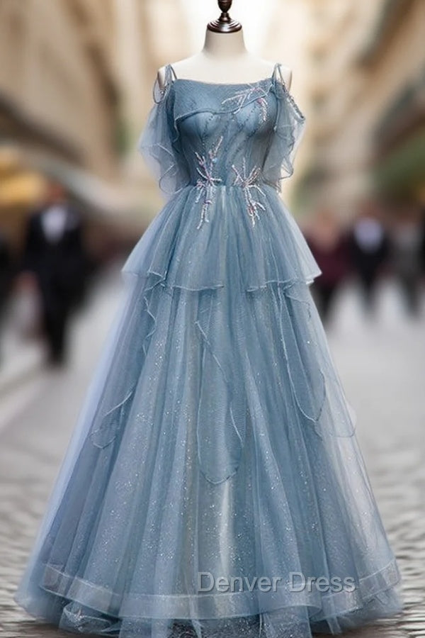 Blue Tulle Spagehtti Straps Beading Prom Dresses