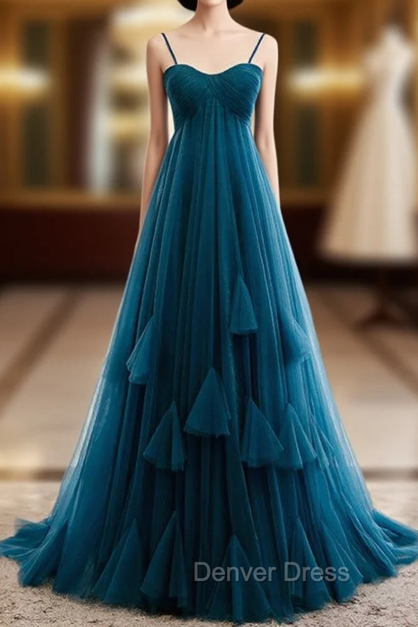 Blue Tulle Spagehtti Straps High Waist Pleats Prom Dresses