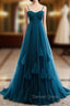 Blue Tulle Spagehtti Straps High Waist Pleats Prom Dresses