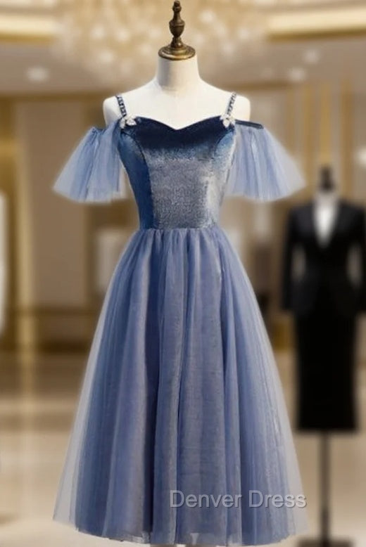 Blue Tulle Spagheti Straps Tea Length Beading Prom Dresses