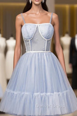 Blue Tulle Spaghetti Pleats Beading Homecoming Dresses