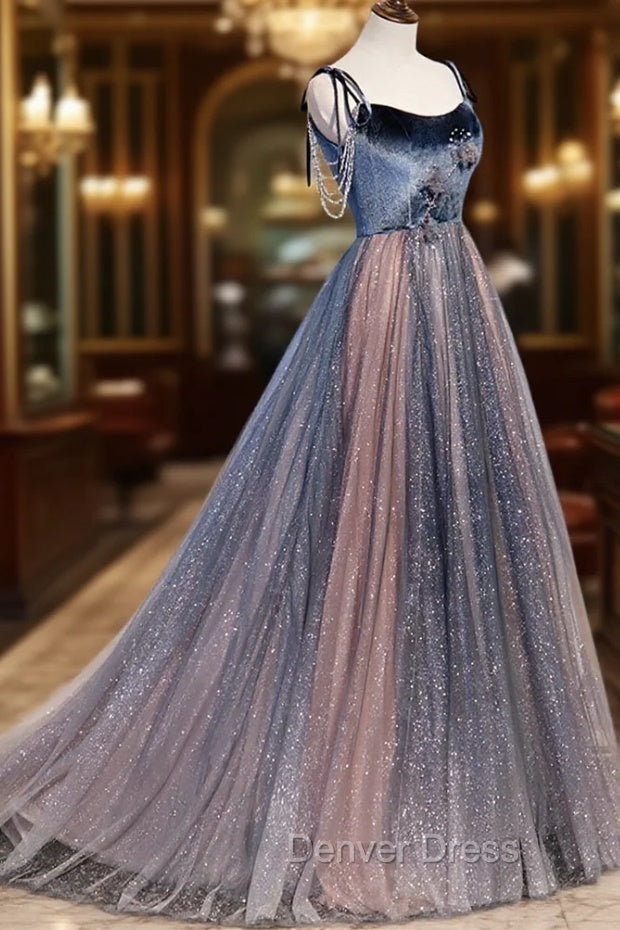 Blue Tulle Spaghetti Strap Long Prom Dress, A Line Lace Up Prom Dresses