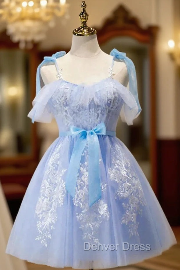 Blue Tulle Spaghetti Straps Appliques Homecoming Dresses