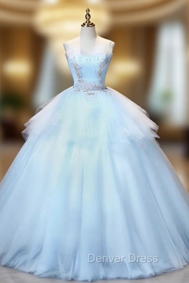 Blue Tulle Spaghetti Straps Appliques Quinceanera Dresses Main image